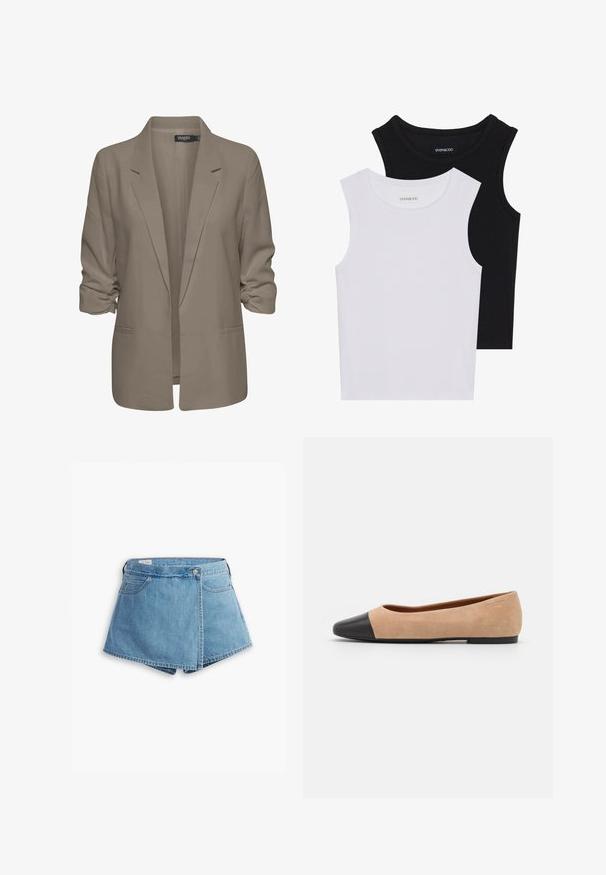 Beige lõdvalt istuv bleiser, valmistatud siledast kangast, millel on üleskeeratud varrukad, kaks küljetaskut ja lõikega krae.; Kaks lühikeste varrukateta toppi mustas ja valges, valmistatud ribakudumist, ümarate kaelustega ja sobiva disainiga. Mõlemal on nähtavad sildid.; Heledad lühikesed teksad helesinises toonis, millel on ümber kerimine, esikotid ning metallnööbiga sulgur. Sile tekstuur ja õmmeldud servad.; Beežist nubukist balletkingad musta nahast ümara ninaotsaga, madala kanna ja siledaga, millel on minimaalne õmblus ja lihtne disain.