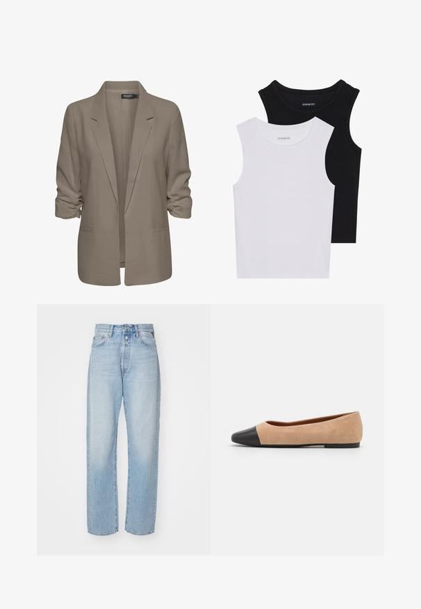 Bež srajcni blazer, ohlapen kroj, izdelan iz gladkega materiala, z zavitimi rokavi, dvema stranskima žepoma in zareznim ovratnikom.; Dve brezrokavne majice v črni in beli barvi, izdelane iz rebrastega bombaža, z okroglimi izrezi in prilegajočim oblikovanjem. Oznake so vidne na obeh.; Svijetlo plave traperice ravnog kroja, izrađene od denima, s visokim strukom, pet džepnim dizajnom i zatvaranjem na dugme.; Bež suedska baletna obutev s črnim usnjenim okroglim delom na prstih, nizko peto in gladko teksturo, ki se ponaša z minimalnimi šivi in čistim dizajnom.