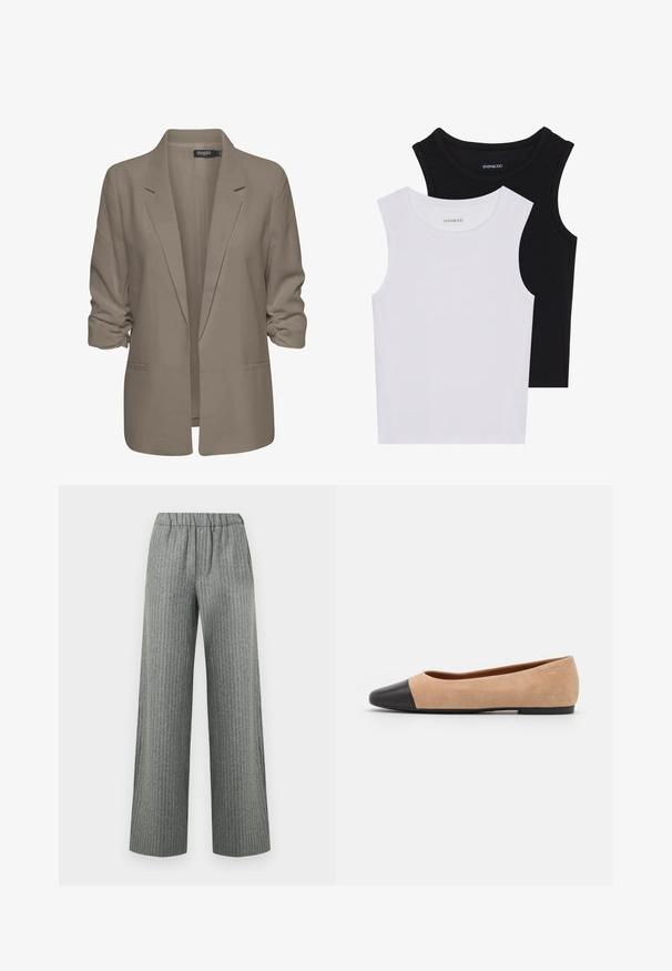 Beige volný blejzr, vyrobený z hladké tkaniny, má ohrnuté rukávy, dvě boční kapsy a klopový design.; Dvě bezramínková trička v černé a bílé barvě, vyrobená z žebrované bavlny, s kulatými výstřihy a přiléhavým střihem. Obojí má viditelné štítky.; Šedé široké kalhoty s proužkem, elastickým pasem, předními kapsami a rovný střihem.; Béžové semišové baleríny s černou koženou kulatou špičkou, nízkým podpatkem a hladkým povrchem, s minimálním prošíváním a čistým designem.