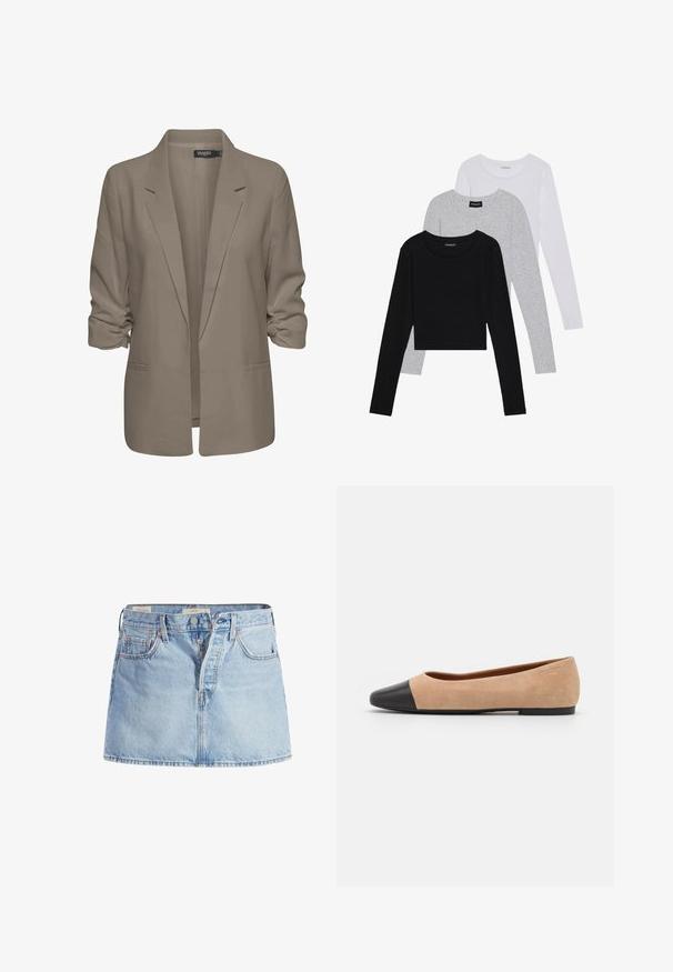 Beige, losse blazer van een gladde stof, met opgerolde mouwen, twee zijzakken en een geknipt revers ontwerp.; Drie langmouwige tops gestapeld: zwart, grijs en wit. Elke top heeft een ronde halslijn en een cropped ontwerp van soepel, lichtgewicht materiaal.; Lichtblauwe denim rok met een aansluitende taille, vijf zakken, sluiting met knopen aan de voorkant en subtiele vervaging door de stof.; Beige suède ballet flats met een zwarte leren ronde neuskap, lage hak en een gladde textuur, met minimale stiksels en een schone uitstraling.