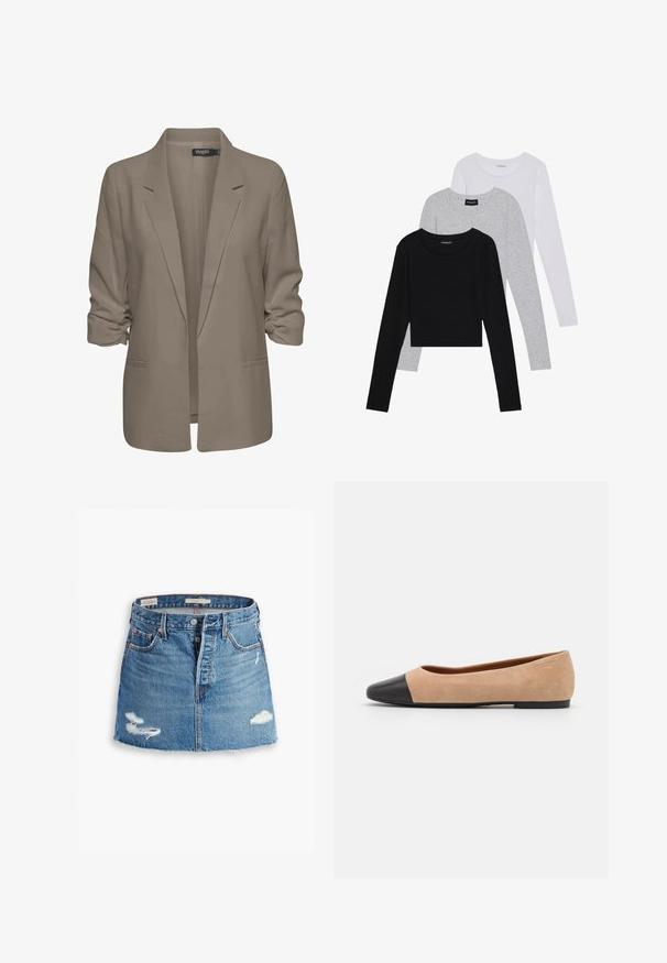 Beige lös passande blazer, tillverkad av mjukt tyg, har uppvikt ärmar, två sidofickor och en notch-lapel-design.; Tre långärmade tröjor staplade: svart, grå och vit. Var och en har en rund halsringning och en kort design med mjukt, lätt material.; Jeans mini kjol i ljusblått. Har fransad nederkant, två slitna lappar, knäppning fram och fem fickor. Klassisk skärning.; Beige mockasins med rund svart lädertå, låg klack och mjuk yta, med minimal sömnad och en ren design.