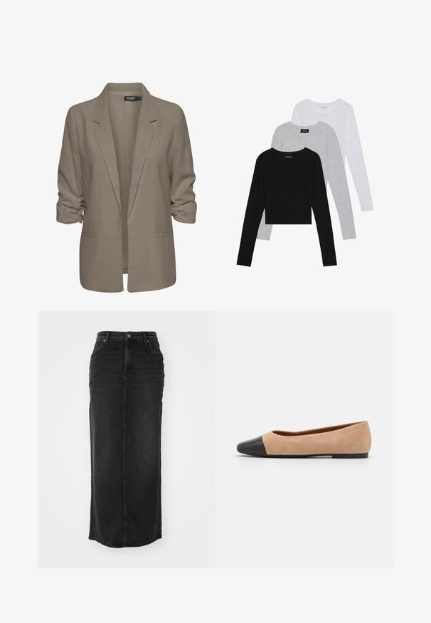 Blazer beige ample, fabriqué en tissu lisse, présente des manches retroussées, deux poches latérales et un design à revers.; Trois hauts à manches longues empilés : noir, gris et blanc. Chacun a un col rond et un design court avec un tissu lisse et léger.; Jupe maxi en denim noir, coupe droite, taille mi-haute, poches avant et coutures visibles le long des coutures.; Ballet flat en suédine beige avec un embout rond en cuir noir, petit talon et texture lisse, présentant des coutures minimales et un design épuré.