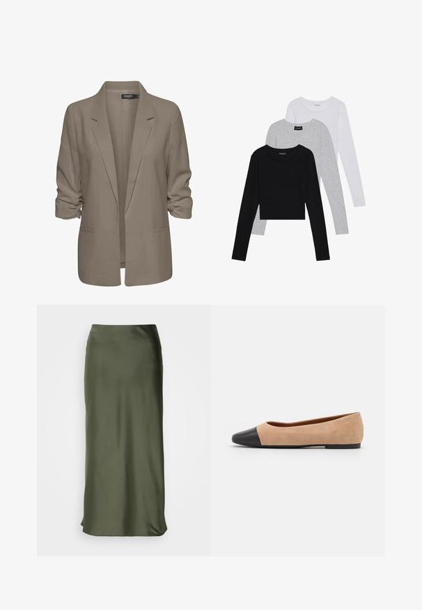 Bež jakna slobodnog kroja, izrađena od glatkog materijala, ima podvrnute rukave, dva bočna džepa i dizajn s izrezanim reverom.; Tri dugih rukava posložena: crna, siva i bijela. Svaka ima okrugli izrez i skrateni kroj s glatkom, laganom tkaninom.; Lindex MARIA - Suknja A kroja - dark dusty khaki; Bež balerinke od suede materijala s crnim kožnim zaobljenim vrhom, niskom potpeticom i glatkom površinom, s minimalnim šavovima i čistim dizajnom.