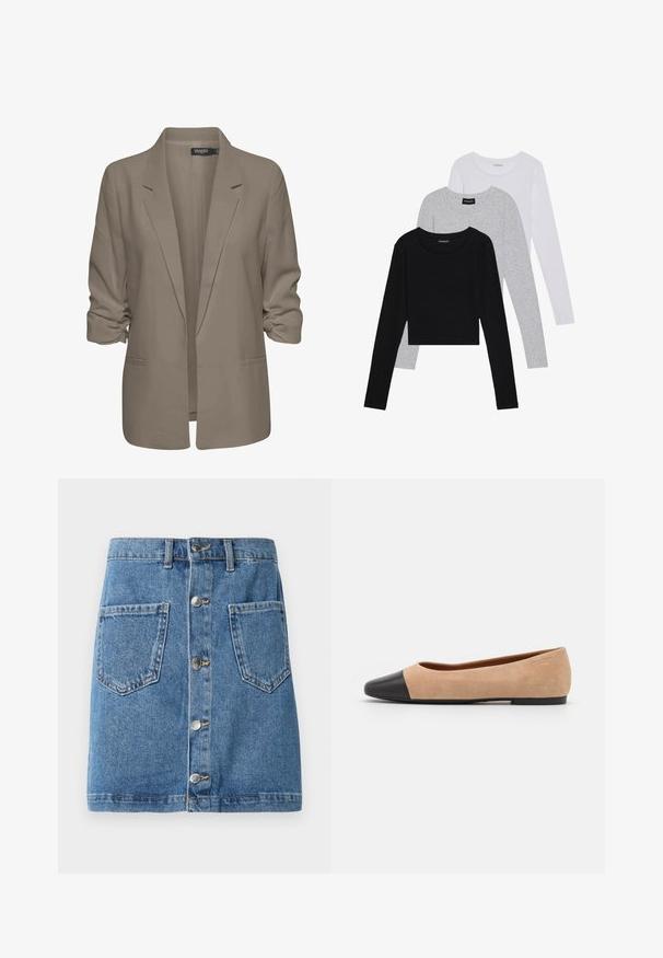 Bézs színű, laza szabású blézer, sima anyagból készült, felgÖngyölt ujjakkal, két oldalsó zsebbel és cakkos rever kialakítással.; Három hosszú ujjú póló egymásra rakva: fekete, szürke és fehér. Mindegyiknek kerek nyaka van, és rövidített fazonnal rendelkezik, sima, könnyű anyagból készült.; Világoskék árnyalatú farmer szoknya, elöl gombos zárással, két rakott zsebbel és egyenes szabással. Az anyag klasszikus textúrával rendelkezik.; Beige velúr balettcipő fekete bőr kerek orral, alacsony sarokkal és sima textúrával, minimális varrással és letisztult dizájnnal.