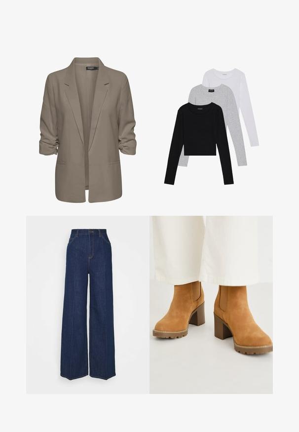 Beige, losse blazer van een gladde stof, met opgerolde mouwen, twee zijzakken en een geknipt revers ontwerp.; Drie langmouwige tops gestapeld: zwart, grijs en wit. Elke top heeft een ronde halslijn en een cropped ontwerp van soepel, lichtgewicht materiaal.; Hoge taille wijdvallende donkerblauwe denim jeans met voor- en achterzakken, knoopsluiting en zichtbare stikseldetails.; Tan kleurige suède enkellaarsjes met een chunky blokhak, voorzien van elastische zijpanelen en een robuuste zool voor grip. Gestructureerde bovenkant met stikseldetails.