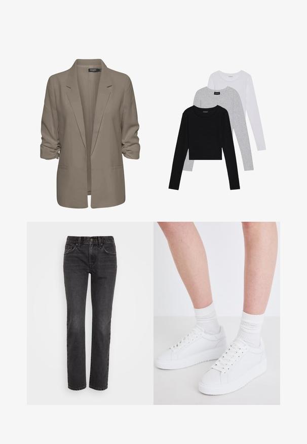 Bež srajcni blazer, ohlapen kroj, izdelan iz gladkega materiala, z zavitimi rokavi, dvema stranskima žepoma in zareznim ovratnikom.; Tri dolga rokava zložena: črna, siva in bela. Vsaka ima okroglo izreznico in skrajšan dizajn z gladkim, lahkotnim materialom.; Črne traper hlače z ravnim krojem, ki imajo klasičen pet-pocket dizajn, zadrgo in kontrastno šivanje ob šivih.; Copenhagen Studios CPH72 - Športni copati - white