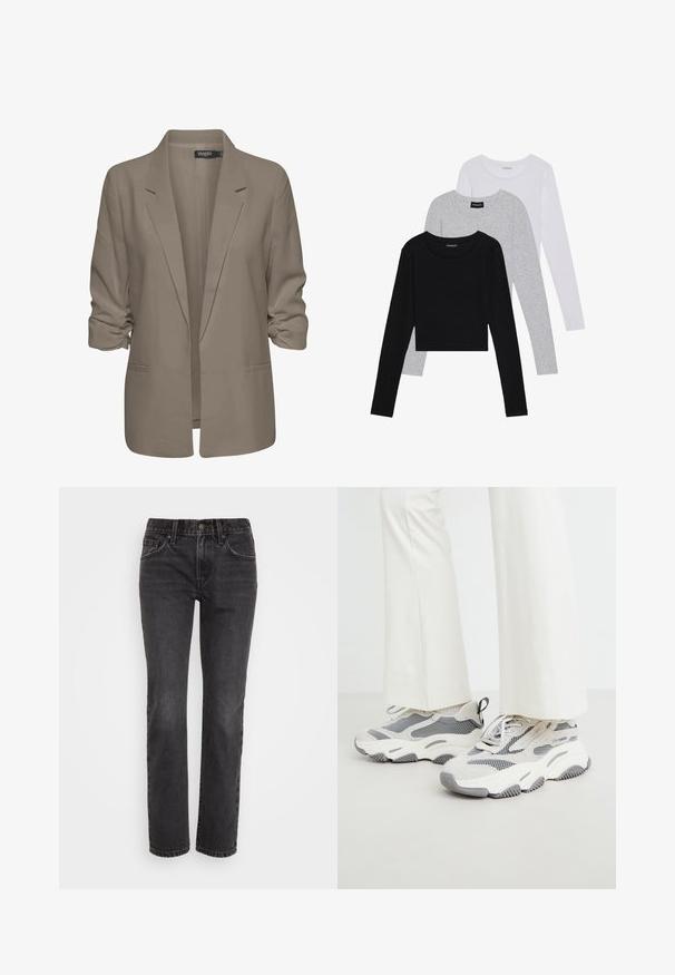 Blazer beige ample, fabriqué en tissu lisse, présente des manches retroussées, deux poches latérales et un design à revers.; Trois hauts à manches longues empilés : noir, gris et blanc. Chacun a un col rond et un design court avec un tissu lisse et léger.; Jeans en denim noir avec une coupe droite, présentant un design classique à cinq poches, une fermeture éclair et des coutures contrastées le long des coutures.; Baskets athlétiques chunky de couleur gris clair, présentant un mélange de matériaux en maille et textile, avec des accents à motifs et une épaisse semelle en caoutchouc.