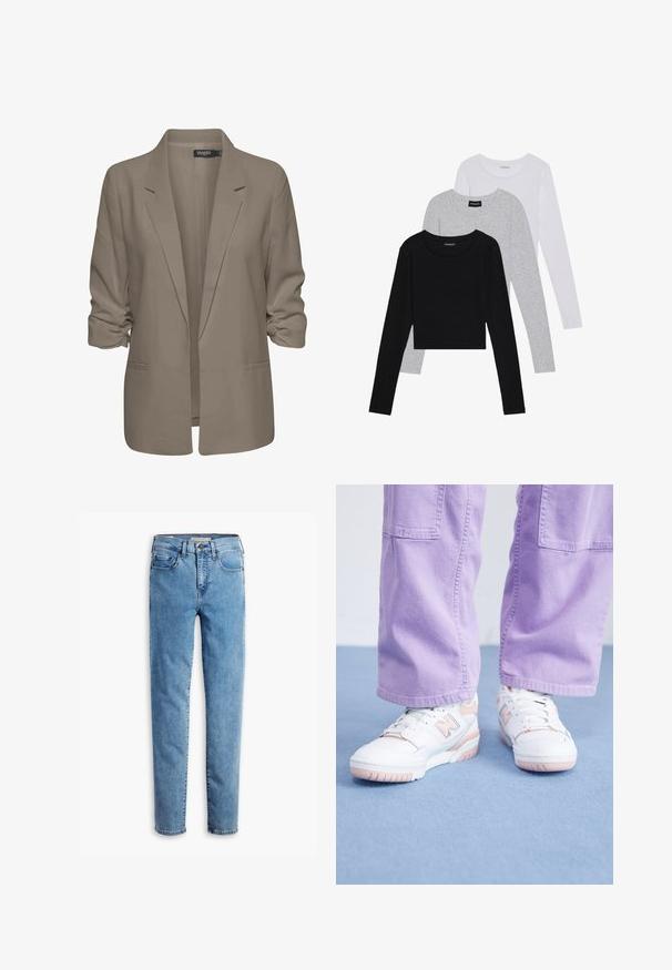 Blazer bej, cu croi lejer, fabrică netedă, are mâneci suflate, două buzunare laterale și un design cu rever zimțat.; Trei bluze cu mânecă lungă așezate: neagră, gri și albă. Fiecare are un guler rotund și un design scurt, realizat dintr-un material fin și ușor.; Blugi din denim de culoare bleu deschis, cu un design drept, având cinci buzunare, fermoar la braguă și cusături vizibile pentru un plus de detaliu.; Adidași albi cu accente roz, superior din piele texturată și talpă din cauciuc, asociați cu pantaloni largi de culoare violet deschis, pe o suprafață albastră.