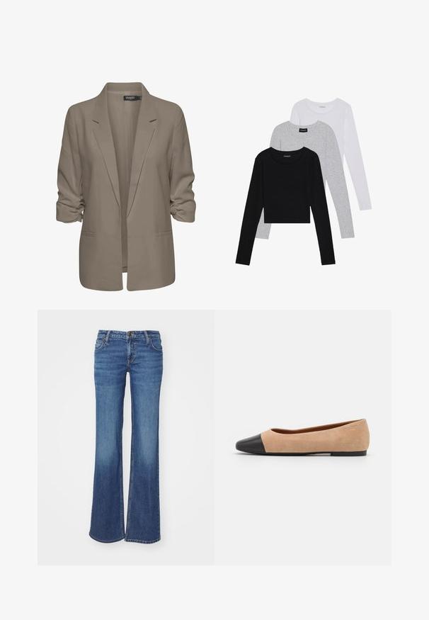 Blazer bej, cu croi lejer, fabrică netedă, are mâneci suflate, două buzunare laterale și un design cu rever zimțat.; Trei bluze cu mânecă lungă așezate: neagră, gri și albă. Fiecare are un guler rotund și un design scurt, realizat dintr-un material fin și ușor.; Blugi din denim albastru evazați, cu talie medie, având închidere cu button, cinci buzunare și detalii subtile de decolorare pe față.; Baletă din suede bej cu vârf rotund din piele neagră, toc jos și textură netedă, având cusături minime și un design curat.