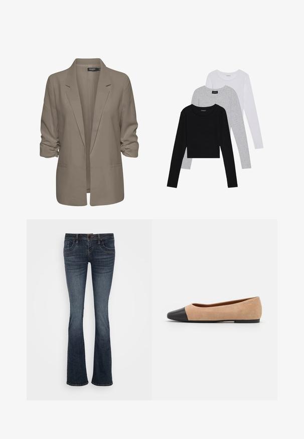 Blazer beige de corte holgado, hecho de tela suave, presenta mangas enrolladas, dos bolsillos laterales y un diseño de solapa muesca.; Tres camisetas de manga larga apiladas: negra, gris y blanca. Cada una tiene un escote redondo y un diseño recortado con una tela suave y ligera.; Vaqueros acampanados de color azul oscuro con una cintura de altura media, cinco bolsillos y sutiles detalles de costura. Hechos de denim con una textura suave.; Bailarina de ante beige con una puntera redondeada de cuero negro, tacón bajo y textura suave, que presenta costuras mínimas y un diseño limpio.