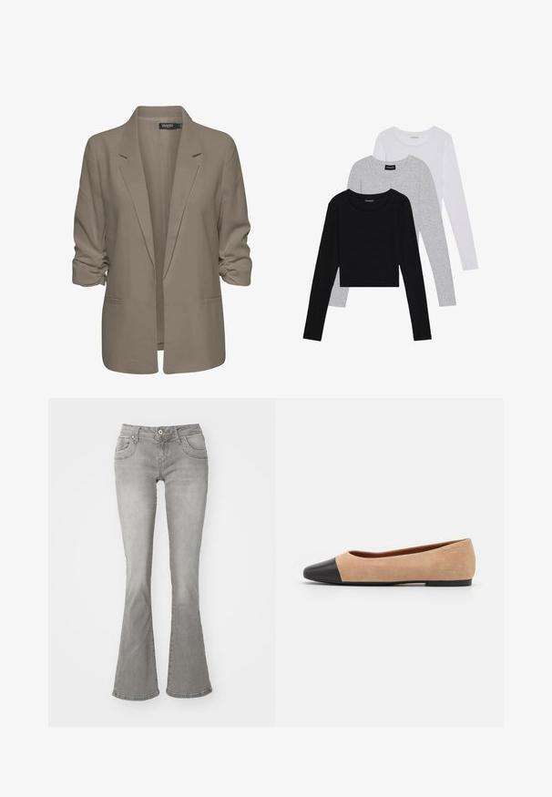 Blazer bej, cu croi lejer, fabrică netedă, are mâneci suflate, două buzunare laterale și un design cu rever zimțat.; Trei bluze cu mânecă lungă așezate: neagră, gri și albă. Fiecare are un guler rotund și un design scurt, realizat dintr-un material fin și ușor.; Jeans gri cu croi evazat, cu talie medie, buzunare frontale și închidere cu nasture, confecționați dintr-un material denim cu o textură netedă.; Baletă din suede bej cu vârf rotund din piele neagră, toc jos și textură netedă, având cusături minime și un design curat.