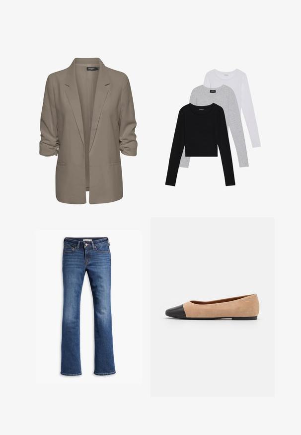 Blazer beige dal taglio morbido, realizzato in tessuto liscio, con maniche arrotolate, due tasche laterali e design con revers a punta.; Tre magliette a maniche lunghe impilate: nera, grigia e bianca. Ognuna ha un colletto rotondo e un design accorciato con tessuto morbido e leggero.; Jeans in denim blu con vita alta, design a cinque tasche e gamba leggermente svasata, stesi su uno sfondo bianco.; Ballerine in suede beige con punta tonda in pelle nera, tacco basso e texture liscia, caratterizzate da cuciture minime e un design pulito.