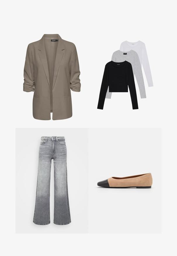 Smėlinis laisvas blazeris, pagamintas iš lygios medžiagos, turi suktus rankovės, dvi šonines kišenes ir įpjautą apykaklę.; Trijų ilgomis rankovėmis marškinėlių krūva: juodas, pilkas ir baltas. Kiekvienas turi apvalų iškirpimą ir trumpą dizainą, pagamintas iš lygaus, lengvo audinio.; Pilki džinsiniai plačiakulkiai džinsai su šviesiu iki tamsaus gradientu, su aukštu liemeniu, penkių kišenių dizainu ir klasikiniais mygtukais.; Šviesiai rudas zomšiniai baleto bateliai su juodu odiniu suapvalintu pirštu, maža pakulne ir lygia tekstūra, su minimaliai siūlėmis ir tvarkingu dizainu.