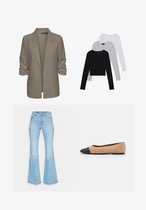 Blazer beige dal taglio morbido, realizzato in tessuto liscio, con maniche arrotolate, due tasche laterali e design con revers a punta.; Tre magliette a maniche lunghe impilate: nera, grigia e bianca. Ognuna ha un colletto rotondo e un design accorciato con tessuto morbido e leggero.; Jeans svasati di un blu chiaro, realizzati in denim, con vita alta, tasche anteriori e un orlo pulito con cuciture visibili.; Ballerine in suede beige con punta tonda in pelle nera, tacco basso e texture liscia, caratterizzate da cuciture minime e un design pulito.