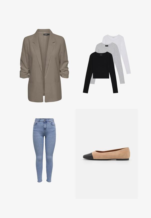 Bézs színű, laza szabású blézer, sima anyagból készült, felgÖngyölt ujjakkal, két oldalsó zsebbel és cakkos rever kialakítással.; Három hosszú ujjú póló egymásra rakva: fekete, szürke és fehér. Mindegyiknek kerek nyaka van, és rövidített fazonnal rendelkezik, sima, könnyű anyagból készült.; Fénykék farmerből készült skinny farmernadrág. Magas derekú dizájn, öt zsebes stílus, elülső gombos zárás és diszkrét kopási részletek.; Beige velúr balettcipő fekete bőr kerek orral, alacsony sarokkal és sima textúrával, minimális varrással és letisztult dizájnnal.
