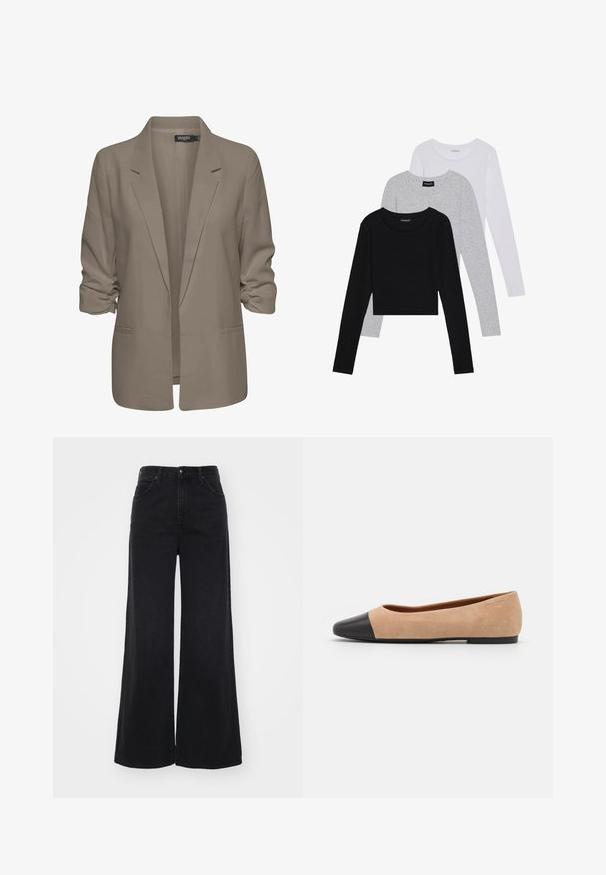 Beige, losse blazer van een gladde stof, met opgerolde mouwen, twee zijzakken en een geknipt revers ontwerp.; Drie langmouwige tops gestapeld: zwart, grijs en wit. Elke top heeft een ronde halslijn en een cropped ontwerp van soepel, lichtgewicht materiaal.; Zwart breedbeen jeans met hoge taille, voor- en achterzakken, riemlussen en knoopsluiting.; Beige suède ballet flats met een zwarte leren ronde neuskap, lage hak en een gladde textuur, met minimale stiksels en een schone uitstraling.