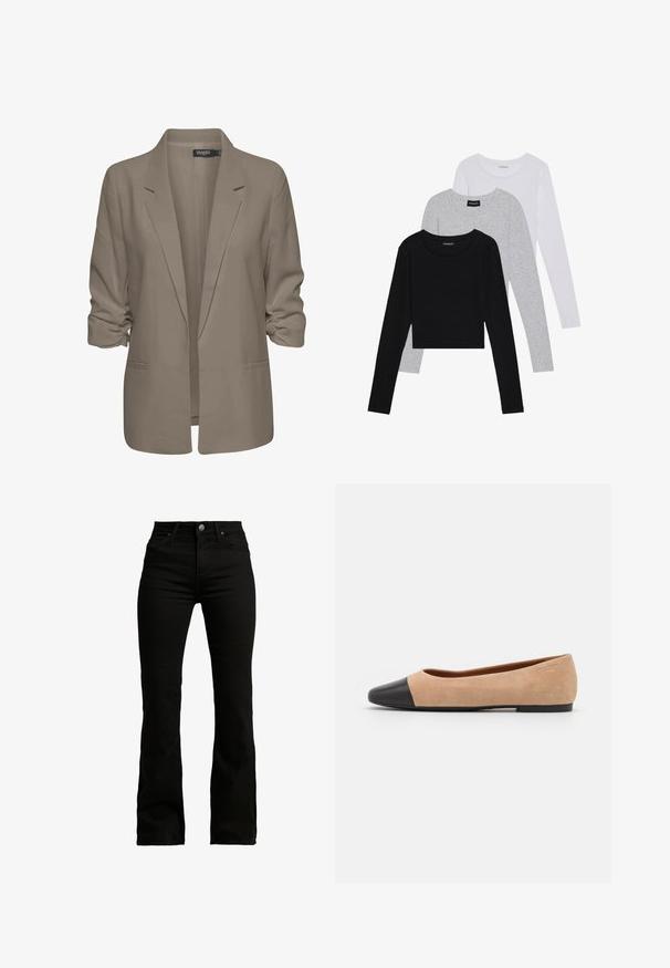 Beige, losse blazer van een gladde stof, met opgerolde mouwen, twee zijzakken en een geknipt revers ontwerp.; Drie langmouwige tops gestapeld: zwart, grijs en wit. Elke top heeft een ronde halslijn en een cropped ontwerp van soepel, lichtgewicht materiaal.; Zwarte uitlopende jeans gemaakt van een katoenmix. Kenmerken zijn een hoge taille, standaard vijf-pocket ontwerp, voorknopsluiting en een gladde textuur.; Beige suède ballet flats met een zwarte leren ronde neuskap, lage hak en een gladde textuur, met minimale stiksels en een schone uitstraling.