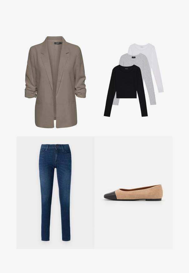 Bežs brīvā piegriezuma žakete, izgatavota no gludas auduma, ar sarullētām piedurknēm, divām sānu kabatām un ar iedziļinātu apkakles dizainu.; Trīs garām piedurknēm veidotas augšdaļas, sakrautās: melna, pelēka un balta. Katram ir noapaļots kakla izgriezums un īsa dizaina forma ar gludu, vieglu audumu.; Tumši zilie šauri džinsi, izgatavoti no denima, ar priekšējo pogu aizdari, jostas cilpām un piecām kabatām. Gluda tekstūra ar nelielu izbalēšanu.; Beigā zamšādas balerīnas ar melnu ādas noapaļotu purngalu, zemu papēdi un gludu tekstūru, ar minimālu dūrienu un tīru dizainu.