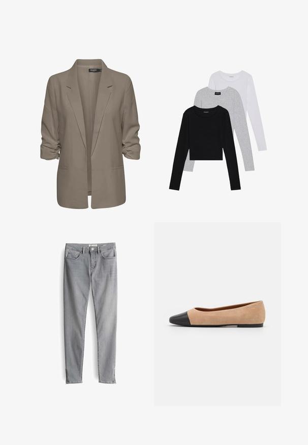 Blazer beige ample, fabriqué en tissu lisse, présente des manches retroussées, deux poches latérales et un design à revers.; Trois hauts à manches longues empilés : noir, gris et blanc. Chacun a un col rond et un design court avec un tissu lisse et léger.; Jeans en denim gris avec une coupe slim, équipés d'une fermeture éclair à la cheville, de cinq poches et de surpiqûres contrastées. Le tissu a une texture douce et usée.; Ballet flat en suédine beige avec un embout rond en cuir noir, petit talon et texture lisse, présentant des coutures minimales et un design épuré.