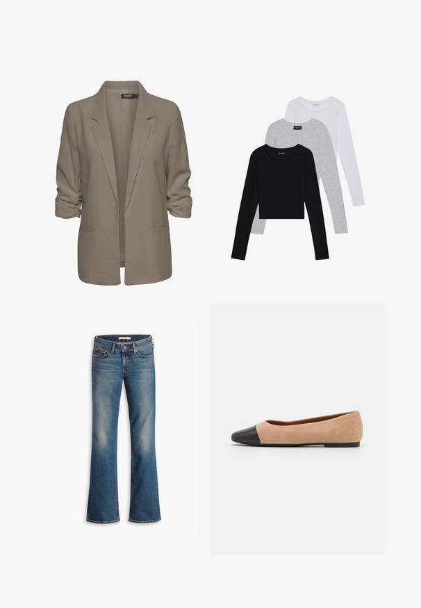 Béžový voľný sako, vyrobené z hladkej látky, má zrolované rukávy, dve bočné vrecká a design so zárezom na klopách.; Tričko s dlhým rukávom v troch farbách: čiernej, sivej a bielej. Každé má okrúhly výstrih a skrátený strih vyrobený z hladkej, ľahkej tkaniny.; Modré džínsy bootcut s piatimi vreckami a zapínaním na gombík, s vyblednutými miestami na stehnách a kolenách.; Béžové semišové baletky s čiernou koženou okrúhlou špičkou, nízkym podpätkom a hladkou textúrou, s minimálnym prešívaním a čistým dizajnom.