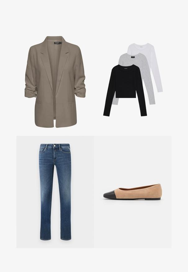 Bež srajcni blazer, ohlapen kroj, izdelan iz gladkega materiala, z zavitimi rokavi, dvema stranskima žepoma in zareznim ovratnikom.; Tri dolga rokava zložena: črna, siva in bela. Vsaka ima okroglo izreznico in skrajšan dizajn z gladkim, lahkotnim materialom.; Temno modri kavbojke z ravnimi hlačnicami, srednjim pasom, sprednjimi žepi in klasičnim šivanjem. Imajo kovinsko gumb in zadrgo za zapiranje.; Bež suedska baletna obutev s črnim usnjenim okroglim delom na prstih, nizko peto in gladko teksturo, ki se ponaša z minimalnimi šivi in čistim dizajnom.