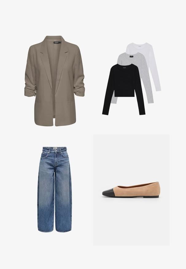 Beige lõdvalt istuv bleiser, valmistatud siledast kangast, millel on üleskeeratud varrukad, kaks küljetaskut ja lõikega krae.; Kolm pikkade varrukatega toppi, mis on üksteise peale asetatud: must, hall ja valge. Igal ühel on ümar kaelus ja lühike disain, valmistatud siledast, kergekaalulisest kangast.; Keskmise sinise tooniga laiad säärtega teksad, millel on kõrge vöökoht, nähtav õmblus, viis taskut ja esiküljel nööpkinnitus.; Beežist nubukist balletkingad musta nahast ümara ninaotsaga, madala kanna ja siledaga, millel on minimaalne õmblus ja lihtne disain.