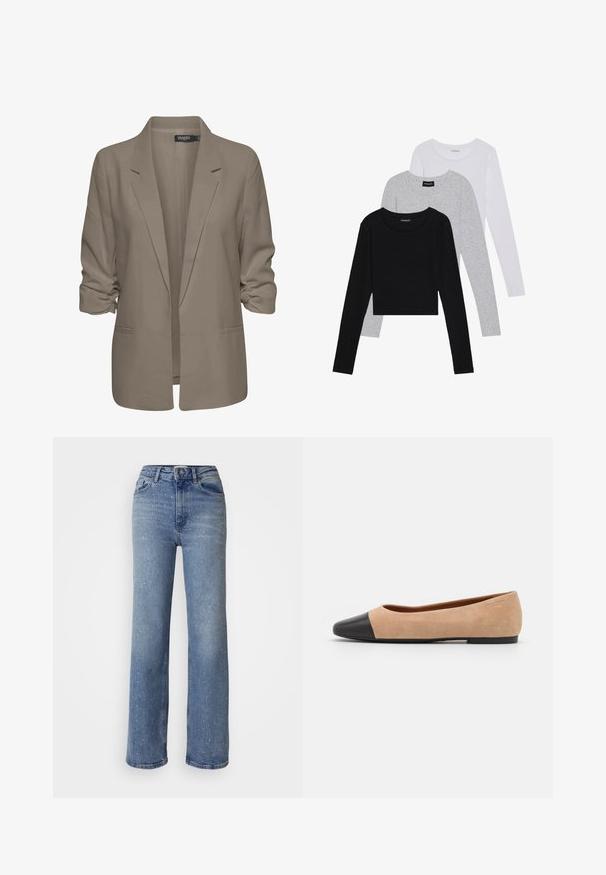 Bež jakna slobodnog kroja, izrađena od glatkog materijala, ima podvrnute rukave, dva bočna džepa i dizajn s izrezanim reverom.; Tri dugih rukava posložena: crna, siva i bijela. Svaka ima okrugli izrez i skrateni kroj s glatkom, laganom tkaninom.; Svijetloplave široke traperice izrađene od denima, s raspršenim bijelim ukrasima, visokim strukom i standardnim dizajnom s pet džepova.; Bež balerinke od suede materijala s crnim kožnim zaobljenim vrhom, niskom potpeticom i glatkom površinom, s minimalnim šavovima i čistim dizajnom.