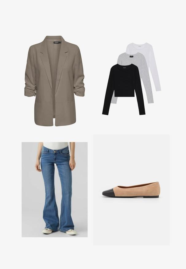 Beige lõdvalt istuv bleiser, valmistatud siledast kangast, millel on üleskeeratud varrukad, kaks küljetaskut ja lõikega krae.; Kolm pikkade varrukatega toppi, mis on üksteise peale asetatud: must, hall ja valge. Igal ühel on ümar kaelus ja lühike disain, valmistatud siledast, kergekaalulisest kangast.; Kahvatussinised laiad teksad kõrge vöökohaga, esikotid ja nupuvajutusega sulgur. Pehme denimimaterjal, millel on nähtavad õmblustähed.; Beežist nubukist balletkingad musta nahast ümara ninaotsaga, madala kanna ja siledaga, millel on minimaalne õmblus ja lihtne disain.