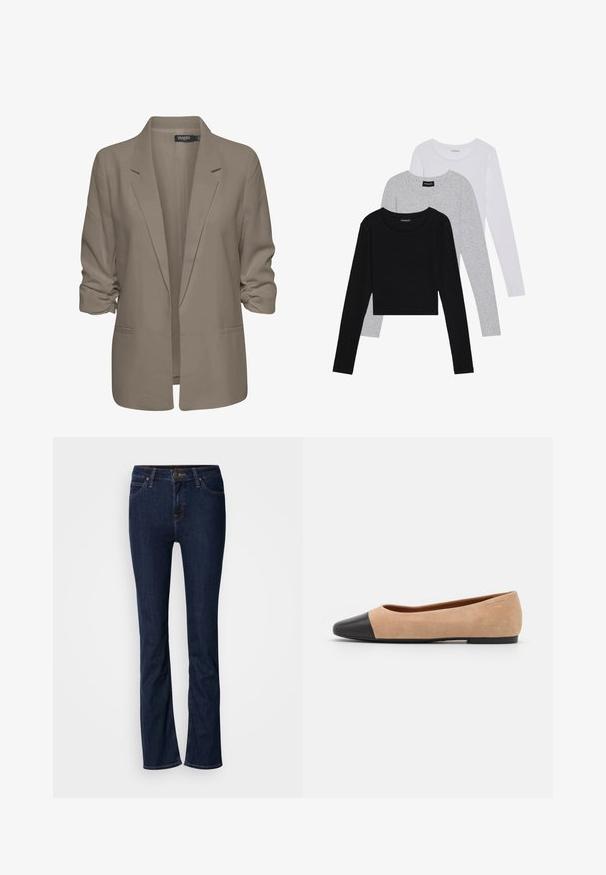 Beige lõdvalt istuv bleiser, valmistatud siledast kangast, millel on üleskeeratud varrukad, kaks küljetaskut ja lõikega krae.; Kolm pikkade varrukatega toppi, mis on üksteise peale asetatud: must, hall ja valge. Igal ühel on ümar kaelus ja lühike disain, valmistatud siledast, kergekaalulisest kangast.; Tumed sinised teksad sirge jalaga disainiga, viie taskuga ja kerge õmblusega. Vöökoht on varustatud metallist nupuga.; Beežist nubukist balletkingad musta nahast ümara ninaotsaga, madala kanna ja siledaga, millel on minimaalne õmblus ja lihtne disain.