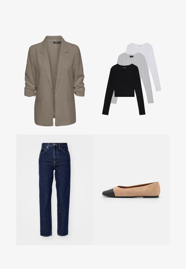 Bežs brīvā piegriezuma žakete, izgatavota no gludas auduma, ar sarullētām piedurknēm, divām sānu kabatām un ar iedziļinātu apkakles dizainu.; Trīs garām piedurknēm veidotas augšdaļas, sakrautās: melna, pelēka un balta. Katram ir noapaļots kakla izgriezums un īsa dizaina forma ar gludu, vieglu audumu.; Tumši zili džinsi ar augstu jostasvietu, taisnas kājas dizainu, priekšējām kabatām un smalkiem šuvumu akcentiem. Klasisks un daudzpusīgs stils.; Beigā zamšādas balerīnas ar melnu ādas noapaļotu purngalu, zemu papēdi un gludu tekstūru, ar minimālu dūrienu un tīru dizainu.