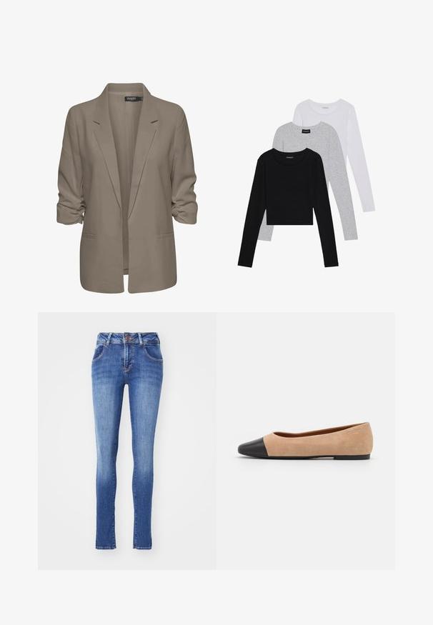 Bež srajcni blazer, ohlapen kroj, izdelan iz gladkega materiala, z zavitimi rokavi, dvema stranskima žepoma in zareznim ovratnikom.; Tri dolga rokava zložena: črna, siva in bela. Vsaka ima okroglo izreznico in skrajšan dizajn z gladkim, lahkotnim materialom.; Tanke kavbojke v srednjem modrem pranju, izdelane iz denima. Imajo pet žepov, gumbasto zapiranje in subtilno zbledelost okoli kolen.; Bež suedska baletna obutev s črnim usnjenim okroglim delom na prstih, nizko peto in gladko teksturo, ki se ponaša z minimalnimi šivi in čistim dizajnom.