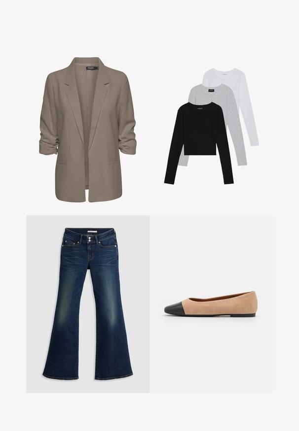 Bež srajcni blazer, ohlapen kroj, izdelan iz gladkega materiala, z zavitimi rokavi, dvema stranskima žepoma in zareznim ovratnikom.; Tri dolga rokava zložena: črna, siva in bela. Vsaka ima okroglo izreznico in skrajšan dizajn z gladkim, lahkotnim materialom.; Temno modri super nizki flare kavbojke z sprednjimi in zadnjimi žepi, dvojno gumbno zapiranje in zbledeli detajli na stegnih in kolenih.; Bež suedska baletna obutev s črnim usnjenim okroglim delom na prstih, nizko peto in gladko teksturo, ki se ponaša z minimalnimi šivi in čistim dizajnom.