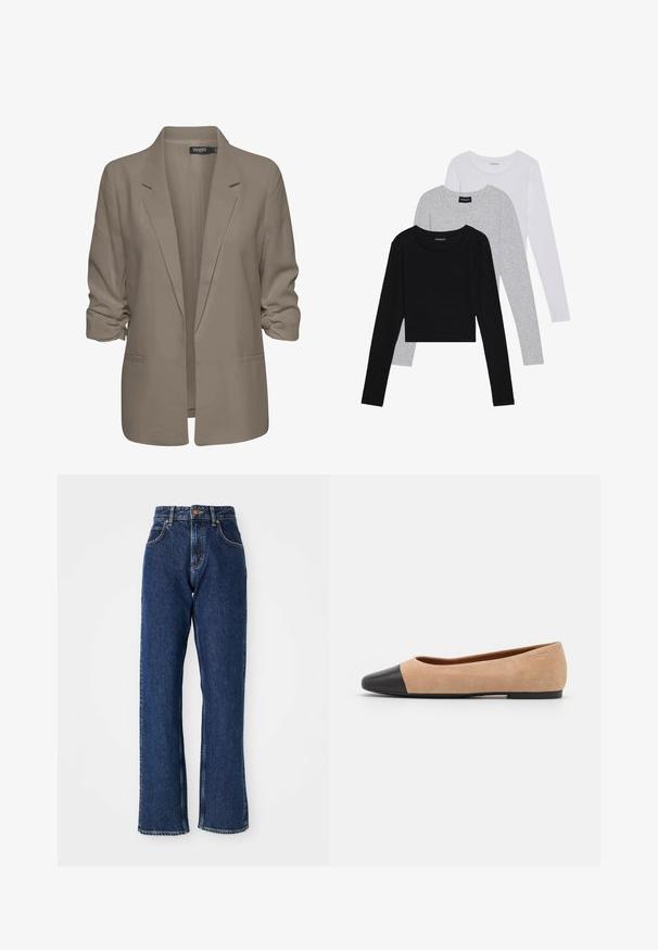 Smėlinis laisvas blazeris, pagamintas iš lygios medžiagos, turi suktus rankovės, dvi šonines kišenes ir įpjautą apykaklę.; Trijų ilgomis rankovėmis marškinėlių krūva: juodas, pilkas ir baltas. Kiekvienas turi apvalų iškirpimą ir trumpą dizainą, pagamintas iš lygaus, lengvo audinio.; Tamsiai mėlynos aukštu juosmeniu tiesios kojos džinsai su priekiniais mygtukais, užtrauktuku bei matomomis siūlėmis ant kišenių ir siūlių.; Šviesiai rudas zomšiniai baleto bateliai su juodu odiniu suapvalintu pirštu, maža pakulne ir lygia tekstūra, su minimaliai siūlėmis ir tvarkingu dizainu.