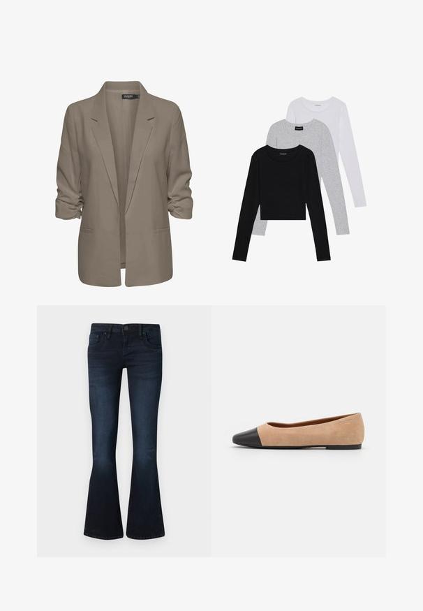 Blazer bej, cu croi lejer, fabrică netedă, are mâneci suflate, două buzunare laterale și un design cu rever zimțat.; Trei bluze cu mânecă lungă așezate: neagră, gri și albă. Fiecare are un guler rotund și un design scurt, realizat dintr-un material fin și ușor.; Blugi bootcut pentru femei, de culoare albastru închis, cu nasture frontal, design cu cinci buzunare și ușoară decolorare pe coapse și genunchi, pe un fundal simplu.; Baletă din suede bej cu vârf rotund din piele neagră, toc jos și textură netedă, având cusături minime și un design curat.