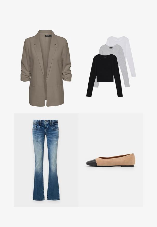Beige volný blejzr, vyrobený z hladké tkaniny, má ohrnuté rukávy, dvě boční kapsy a klopový design.; Tři trička s dlouhým rukávem naskládaná na sobě: černé, šedé a bílé. Každé má kulatý výstřih a kratší střih z hladkého, lehkého materiálu.; Modré denimové zvonové džíny s vybledlými a poškozenými detaily, přední zapínání na knoflík a zip a design s pěti kapsami.; Béžové semišové baleríny s černou koženou kulatou špičkou, nízkým podpatkem a hladkým povrchem, s minimálním prošíváním a čistým designem.