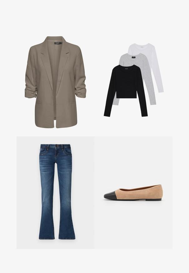 Beżowa, luźno dopasowana marynarka, wykonana z gładkiego materiału, z podwiniętymi rękawami, dwoma bocznymi kieszeniami i klapami w stylu notch.; Trzy bluzki z długim rękawem ułożone jedna na drugiej: czarna, szara i biała. Każda z okrągłym dekoltem i skróconym fasonem, wykonana z gładkiego, lekkiego materiału.; Niebieskie dżinsy z lekko rozszerzanymi nogawkami, z przodem zapinanym na guziki, kieszeniami oraz subtelnym przetarciem na udach i kolanach.; Beżowe zamszowe baleriny z czarnym skórzanym okrągłym noskiem, niskim obcasem i gładką teksturą, charakteryzujące się minimalnym przeszyciem i prostym designem.