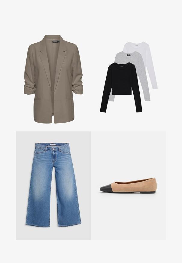 Bežs brīvā piegriezuma žakete, izgatavota no gludas auduma, ar sarullētām piedurknēm, divām sānu kabatām un ar iedziļinātu apkakles dizainu.; Trīs garām piedurknēm veidotas augšdaļas, sakrautās: melna, pelēka un balta. Katram ir noapaļots kakla izgriezums un īsa dizaina forma ar gludu, vieglu audumu.; Gaiši zili platās kājas džinsi, kas izgatavoti no denima, ar augstu jostasvietu, klasisku piecu kabatu dizainu un maigu izbalēšanu gar kājām.; Beigā zamšādas balerīnas ar melnu ādas noapaļotu purngalu, zemu papēdi un gludu tekstūru, ar minimālu dūrienu un tīru dizainu.