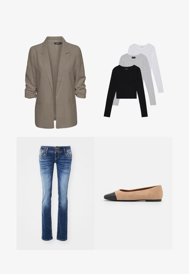 Blazer bej, cu croi lejer, fabrică netedă, are mâneci suflate, două buzunare laterale și un design cu rever zimțat.; Trei bluze cu mânecă lungă așezate: neagră, gri și albă. Fiecare are un guler rotund și un design scurt, realizat dintr-un material fin și ușor.; Jeans din denim într-un gradient de la albastru deschis la albastru închis, cu un design clasic cu cinci buzunare, accente din metal la nasturi și o croială dreaptă.; Baletă din suede bej cu vârf rotund din piele neagră, toc jos și textură netedă, având cusături minime și un design curat.