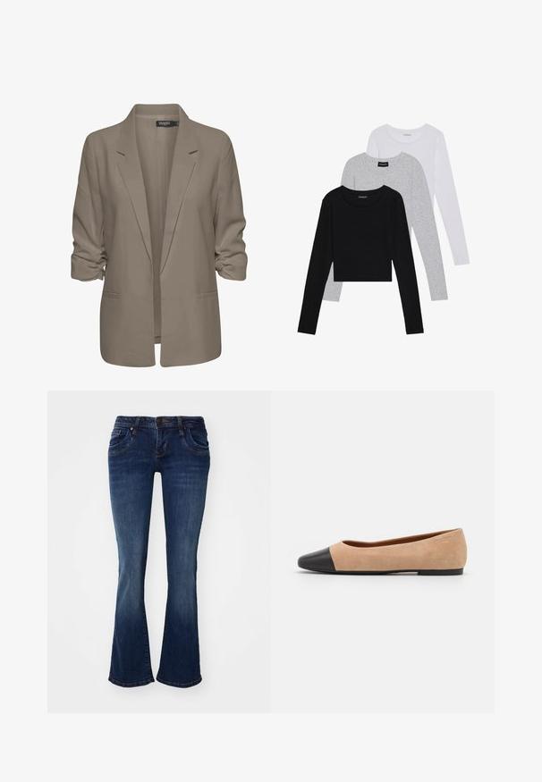 Bež jakna slobodnog kroja, izrađena od glatkog materijala, ima podvrnute rukave, dva bočna džepa i dizajn s izrezanim reverom.; Tri dugih rukava posložena: crna, siva i bijela. Svaka ima okrugli izrez i skrateni kroj s glatkom, laganom tkaninom.; Tamno plavi traperice s izrezom, srednjeg struka, pet džepova i suptilnim detaljima šivanja na šavovima i rubovima džepova.; Bež balerinke od suede materijala s crnim kožnim zaobljenim vrhom, niskom potpeticom i glatkom površinom, s minimalnim šavovima i čistim dizajnom.