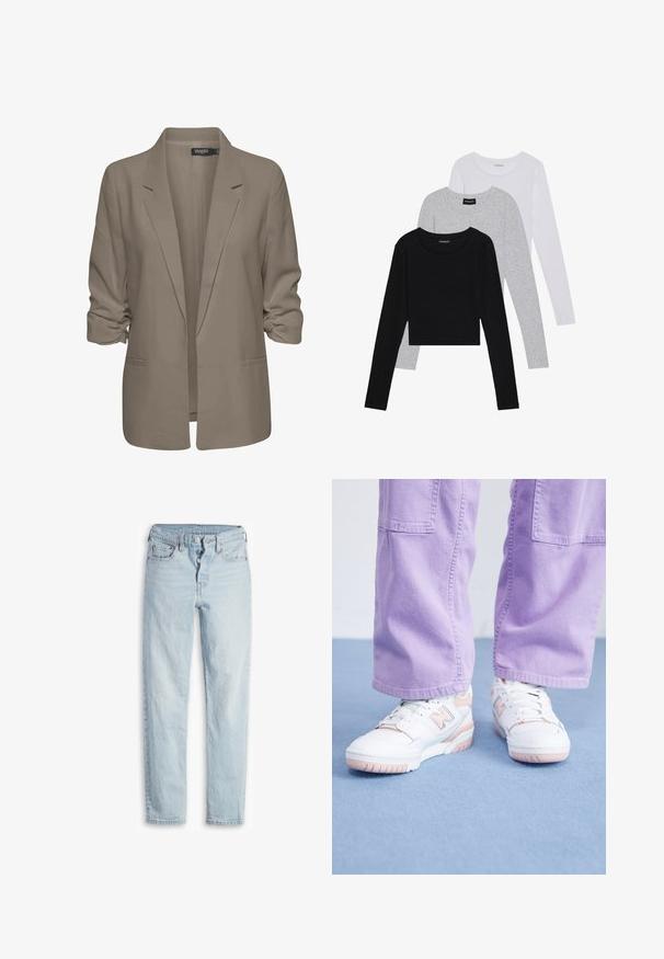 Beige löysä istuva bleiseri, joka on valmistettu sileästä kankaasta, sisältää käännetyt hihansuut, kaksi sivutaskua ja viiltoverhoillun kauluksen muotoilun.; Kolme pitkähihasta paita päällekkäin: musta, harmaa ja valkoinen. Jokaisessa on pyöreä pääntie ja lyhennetty muotoilu, jossa on sileä ja kevyt kangas.; Vaaleansinisiä farkkuhousuja, joissa on korkealle nouseva vyötärö, viisi taskua, nappisulku ja suora lahje. Sisältää hienovaraista haalistumista ja tekstuuripintaa.; Valkoiset lenkkarit vaaleanpunaisilla yksityiskohdilla, tekstiilipintainen nahkavuori ja kumipohja, yhdistettynä vaaleanliiloihin leveisiin housuihin sinisellä pinnalla.