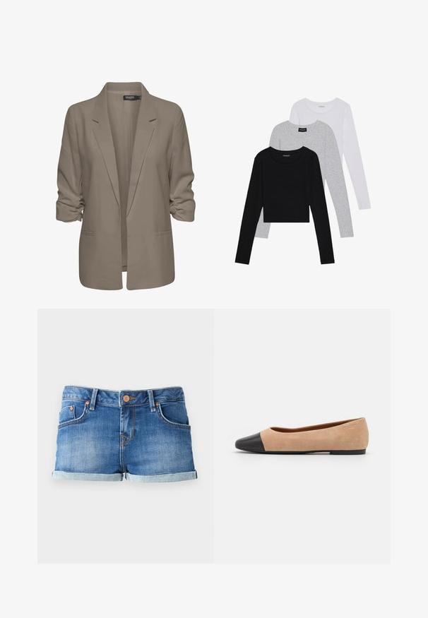 Beżowa, luźno dopasowana marynarka, wykonana z gładkiego materiału, z podwiniętymi rękawami, dwoma bocznymi kieszeniami i klapami w stylu notch.; Trzy bluzki z długim rękawem ułożone jedna na drugiej: czarna, szara i biała. Każda z okrągłym dekoltem i skróconym fasonem, wykonana z gładkiego, lekkiego materiału.; Niebieskie szorty dżinsowe z podwiniętym dołem, posiadające dwie przednie kieszenie, zapięcie na guzik oraz kontrastowe detale w przeszyciach.; Beżowe zamszowe baleriny z czarnym skórzanym okrągłym noskiem, niskim obcasem i gładką teksturą, charakteryzujące się minimalnym przeszyciem i prostym designem.