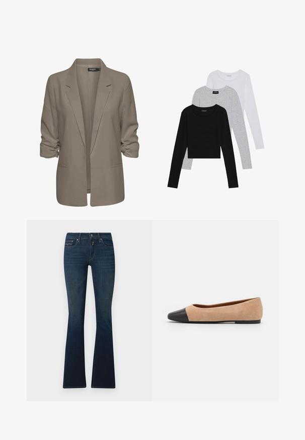 Blazer beige dal taglio morbido, realizzato in tessuto liscio, con maniche arrotolate, due tasche laterali e design con revers a punta.; Tre magliette a maniche lunghe impilate: nera, grigia e bianca. Ognuna ha un colletto rotondo e un design accorciato con tessuto morbido e leggero.; Jeans a zampa d'elefante di colore blu scuro realizzati in denim, con una vita che presenta un bottone frontale, tasche angolari e dettagli di cucitura sottili.; Ballerine in suede beige con punta tonda in pelle nera, tacco basso e texture liscia, caratterizzate da cuciture minime e un design pulito.