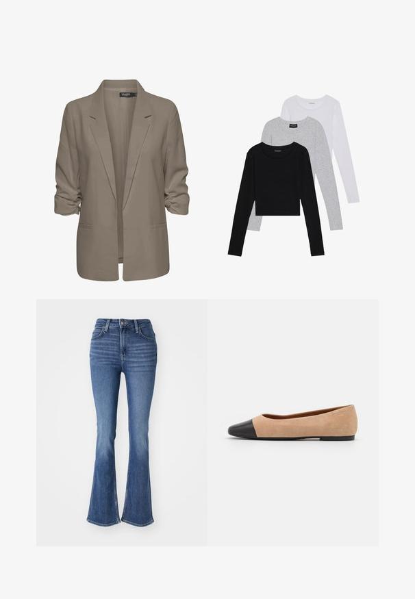 Beige loose-fitting blazer, made of smooth fabric, features rolled sleeves, two side pockets, and a notched lapel design.; Three long-sleeve tops stacked: black, grey, and white. Each has a round neckline and a cropped design with smooth, lightweight fabric.; High-waist blue denim jeans with a flared cut, five-pocket design, and faded detailing on the thighs and knees.; Beige suede ballet flat with a black leather rounded toe cap, low heel, and smooth texture, featuring minimal stitching and a clean design.