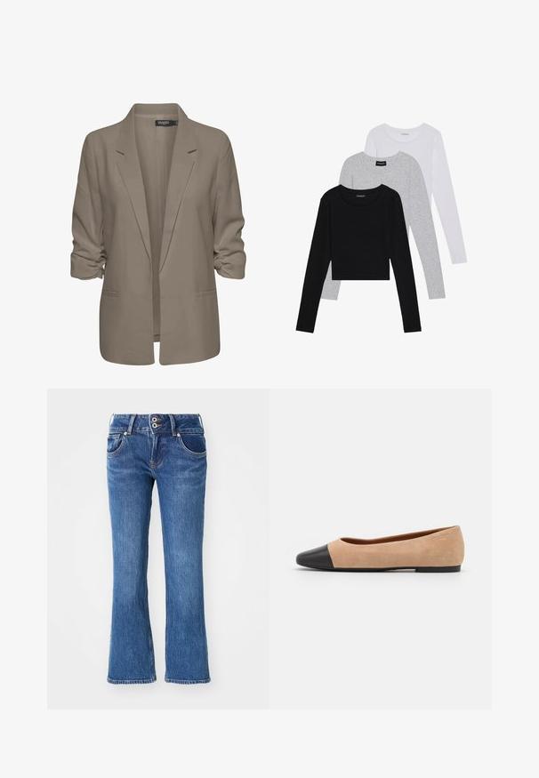 Bež srajcni blazer, ohlapen kroj, izdelan iz gladkega materiala, z zavitimi rokavi, dvema stranskima žepoma in zareznim ovratnikom.; Tri dolga rokava zložena: črna, siva in bela. Vsaka ima okroglo izreznico in skrajšan dizajn z gladkim, lahkotnim materialom.; Jagodične modre kavbojke s srednjim pranjem, z dvema sprednjima žepoma, zapiranjem na dva gumba in subtilnimi pomarančastimi šivi.; Bež suedska baletna obutev s črnim usnjenim okroglim delom na prstih, nizko peto in gladko teksturo, ki se ponaša z minimalnimi šivi in čistim dizajnom.