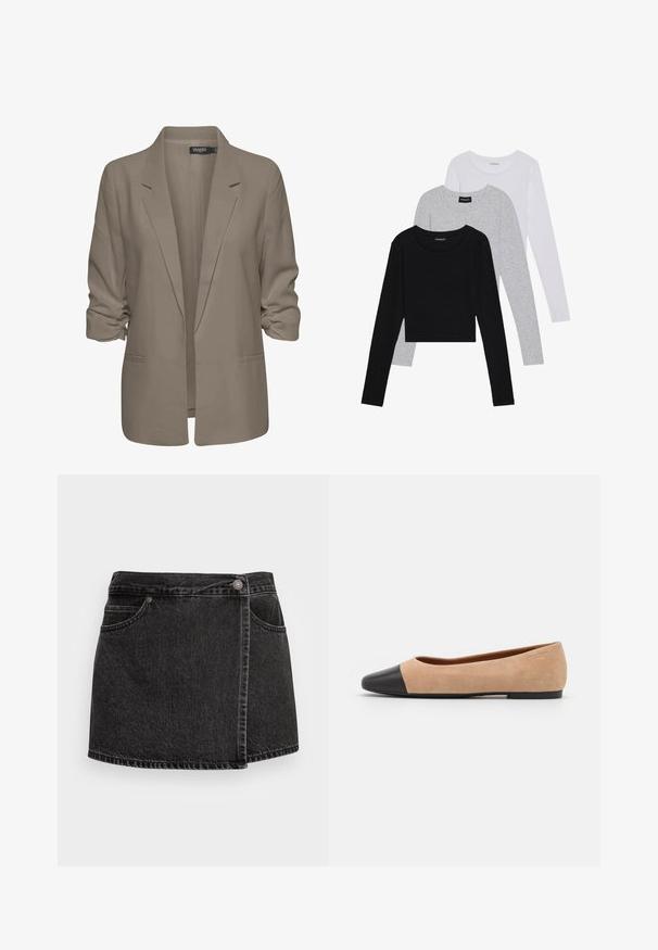 Beige volný blejzr, vyrobený z hladké tkaniny, má ohrnuté rukávy, dvě boční kapsy a klopový design.; Tři trička s dlouhým rukávem naskládaná na sobě: černé, šedé a bílé. Každé má kulatý výstřih a kratší střih z hladkého, lehkého materiálu.; Černá denimová minisukně s mírně strženým lemem, dvěma předními kapsami a stříbrným zapínáním. Obsahuje boční vázací design.; Béžové semišové baleríny s černou koženou kulatou špičkou, nízkým podpatkem a hladkým povrchem, s minimálním prošíváním a čistým designem.