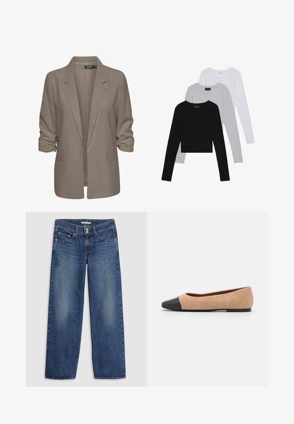 Beige lõdvalt istuv bleiser, valmistatud siledast kangast, millel on üleskeeratud varrukad, kaks küljetaskut ja lõikega krae.; Kolm pikkade varrukatega toppi, mis on üksteise peale asetatud: must, hall ja valge. Igal ühel on ümar kaelus ja lühike disain, valmistatud siledast, kergekaalulisest kangast.; Sinine denim lai jalgadega teksapüksid nupuvajutusega kinnitusega, viie tasku kujundusega, kerge kulumine reitel ja õmbluse aktsendid.; Beežist nubukist balletkingad musta nahast ümara ninaotsaga, madala kanna ja siledaga, millel on minimaalne õmblus ja lihtne disain.