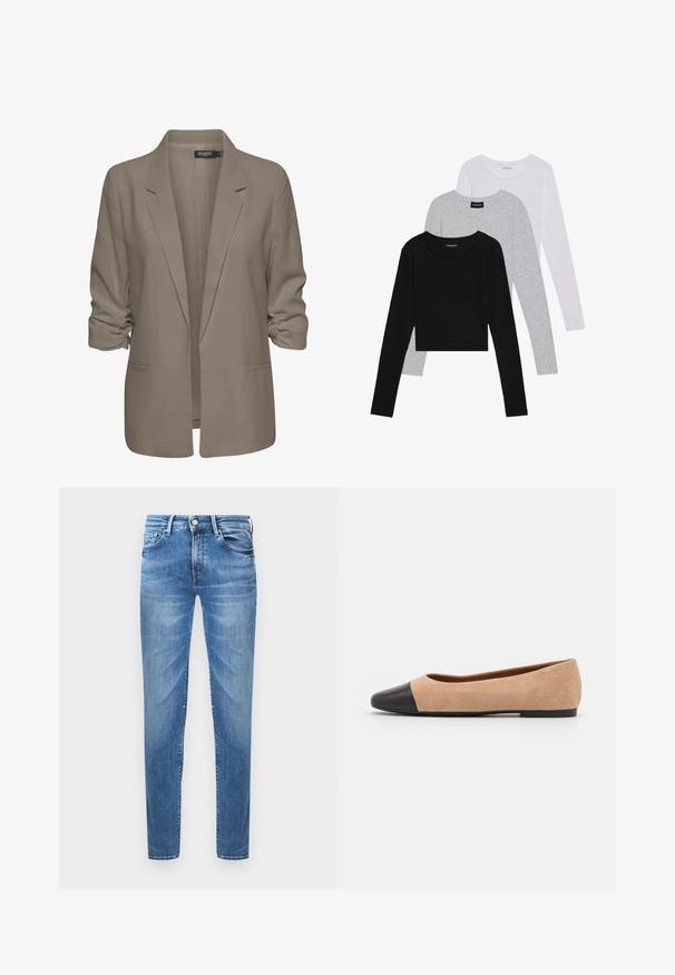 Blazer bej, cu croi lejer, fabrică netedă, are mâneci suflate, două buzunare laterale și un design cu rever zimțat.; Trei bluze cu mânecă lungă așezate: neagră, gri și albă. Fiecare are un guler rotund și un design scurt, realizat dintr-un material fin și ușor.; Jeans din denim de un albastru deschis, cu un croi slim. Caracteristici includ o închidere cu buton, cinci buzunare și o textură ușor purtată pe coapse.; Baletă din suede bej cu vârf rotund din piele neagră, toc jos și textură netedă, având cusături minime și un design curat.