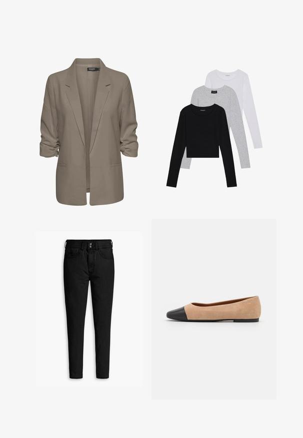 Beżowa, luźno dopasowana marynarka, wykonana z gładkiego materiału, z podwiniętymi rękawami, dwoma bocznymi kieszeniami i klapami w stylu notch.; Trzy bluzki z długim rękawem ułożone jedna na drugiej: czarna, szara i biała. Każda z okrągłym dekoltem i skróconym fasonem, wykonana z gładkiego, lekkiego materiału.; Czarne dżinsy o slim fit, z dwoma przednimi kieszeniami, zapięciem na guzik w talii i gładką fakturą. Klasyczny design bez ozdób.; Beżowe zamszowe baleriny z czarnym skórzanym okrągłym noskiem, niskim obcasem i gładką teksturą, charakteryzujące się minimalnym przeszyciem i prostym designem.