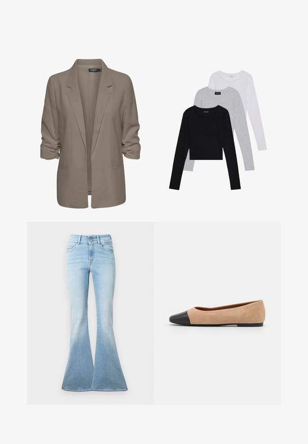 Blazer beige dal taglio morbido, realizzato in tessuto liscio, con maniche arrotolate, due tasche laterali e design con revers a punta.; Tre magliette a maniche lunghe impilate: nera, grigia e bianca. Ognuna ha un colletto rotondo e un design accorciato con tessuto morbido e leggero.; Jeans svasati di colore azzurro realizzati in denim. Presentano una vita alta con due bottoni e un leggero sbiadimento verso l'orlo. Design classico a cinque tasche.; Ballerine in suede beige con punta tonda in pelle nera, tacco basso e texture liscia, caratterizzate da cuciture minime e un design pulito.