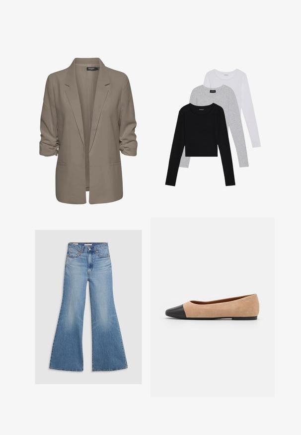 Blazer bej, cu croi lejer, fabrică netedă, are mâneci suflate, două buzunare laterale și un design cu rever zimțat.; Trei bluze cu mânecă lungă așezate: neagră, gri și albă. Fiecare are un guler rotund și un design scurt, realizat dintr-un material fin și ușor.; Jeans din denim lăsate la spălare cu talie înaltă, buzunare frontale și accesorii din bronz. Țesătura are o textură estompată cu un finisaj neted.; Baletă din suede bej cu vârf rotund din piele neagră, toc jos și textură netedă, având cusături minime și un design curat.